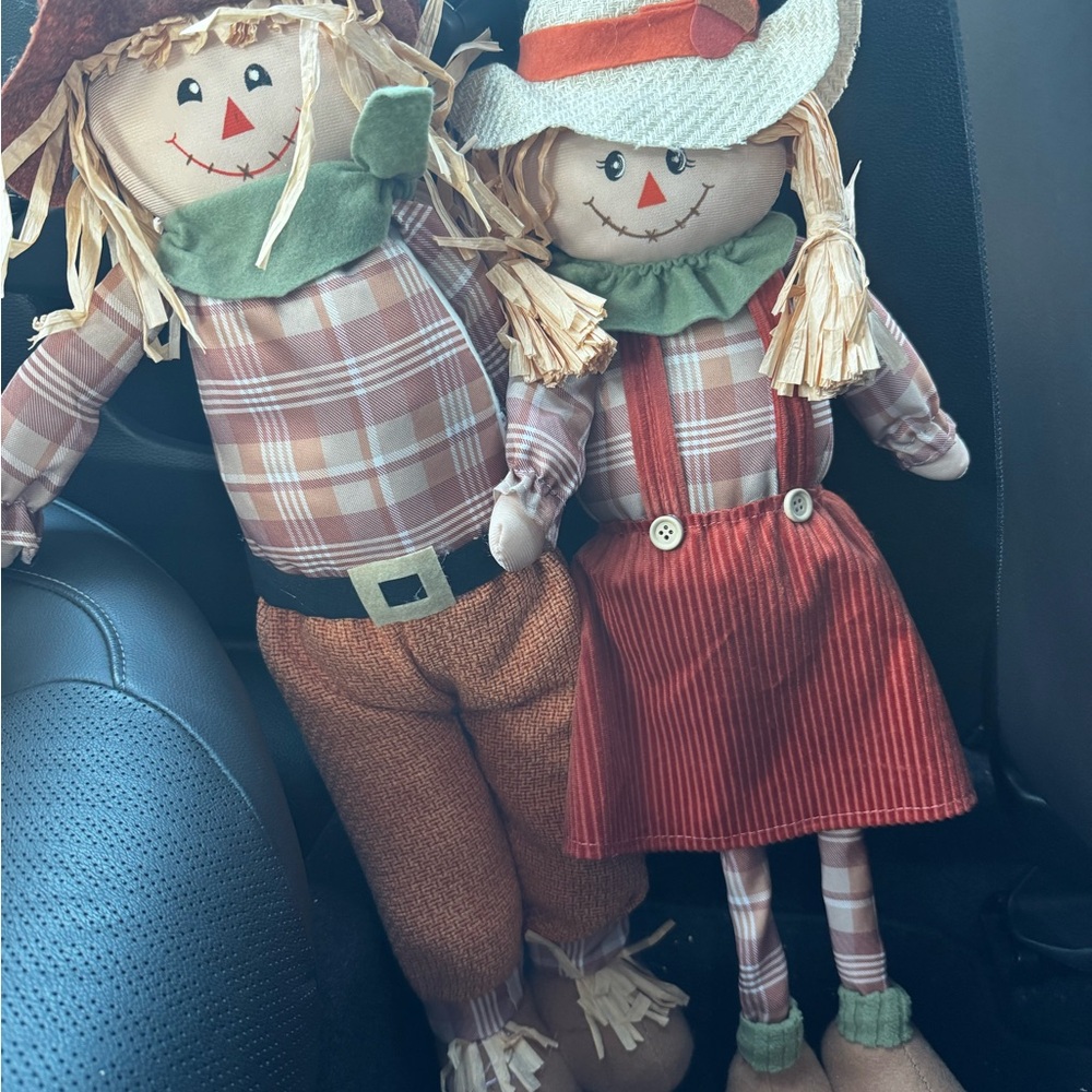 Fall Scarecrow Doll Pair - Rustic Orange & Plaid Décor